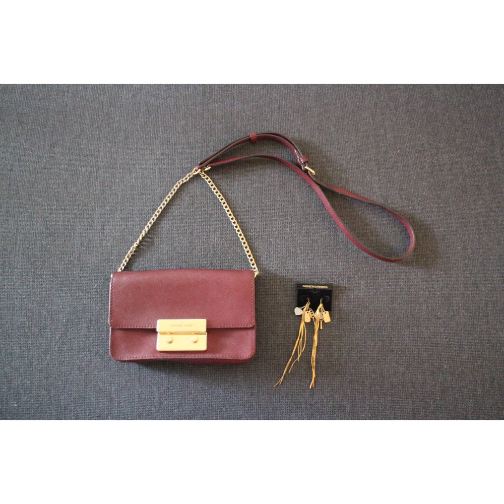 Michael Kors Sloan Golden Chain Crossbody Maroon Saffiano Leather Purse earrings